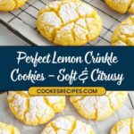 Yellow lemon crinkle cookies topped with powdered sugar rest on a cooling rack and baking sheet, with a lemon wedge to the side. The text reads Perfect Lemon Crinkle Cookies – Soft and Chewy Lemon Crinkle Cookies recipe that is delightfully citrusy.