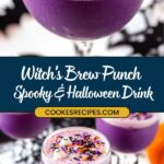 A vibrant purple drink in a goblet, adorned with ghost-shaped candies and colorful sprinkles. The backdrop showcases Halloween decorations like bats and pumpkins. Text reads: Witch's Brew Punch—Rainbow Sherbet Punch for a spooky party drink that'll enchant any Halloween gathering.