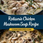 A bowl of easy chicken mushroom soup garnished with fresh thyme and sliced mushrooms. Text overlay reads Rotisserie Chicken Mushroom Soup Recipe with a website URL.