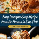 A pot of creamy lasagna soup with ground beef, noodles, and melted cheese delights the senses. A ladle lifts a serving, revealing its cheesy, hearty consistency. The text reads: Easy Lasagna Soup Recipe - Favorite Flavors in One Pot!