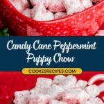 A festive bowl brimming with Peppermint Chex Mix, a delightful holiday puppy chow recipe, coated in powdered sugar and crushed candy canes. The red polka dot bowl sits on a table adorned with holly and other seasonal decorations.