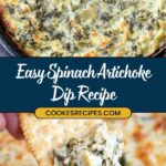 Close-up of a baked spinach artichoke dip with a golden top, served in a pan. A crispy cracker topped with the creamy dip highlights its cheesy texture. Text overlay reads Best Spinach Artichoke Dip Recipe with a URL to jessicasrecipes.com.