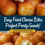 Close-up of crispy fried mozzarella bites with melted cheese oozing out. Text overlay reads, Easy Fried Cheese Bites Perfect Party Snack! and jessicasrecipes.com against the golden-brown snack background.