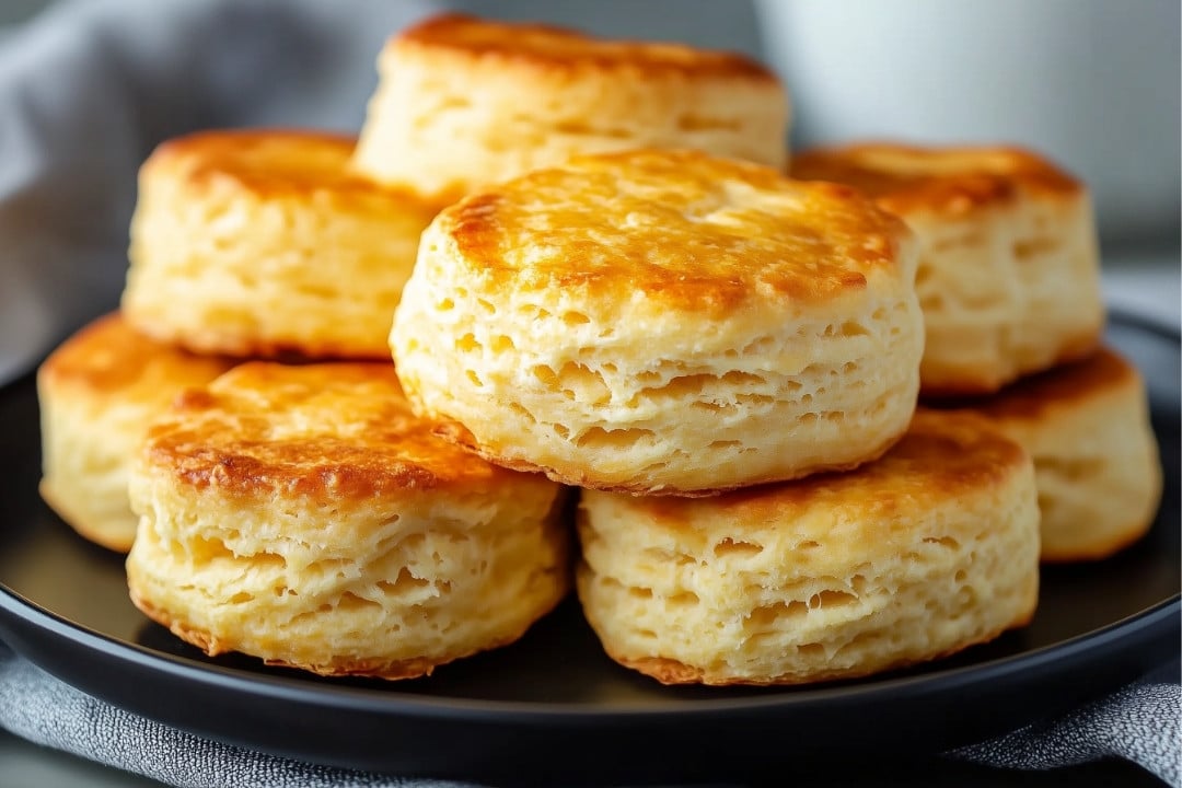 A stack of golden-brown biscuits piled high on a black plate. The biscuits have a slightly rough and uneven texture with visible flaky layers and a craggy top. They are stacked haphazardly, with some leaning against each other. The plate is sitting on a gray napkin.