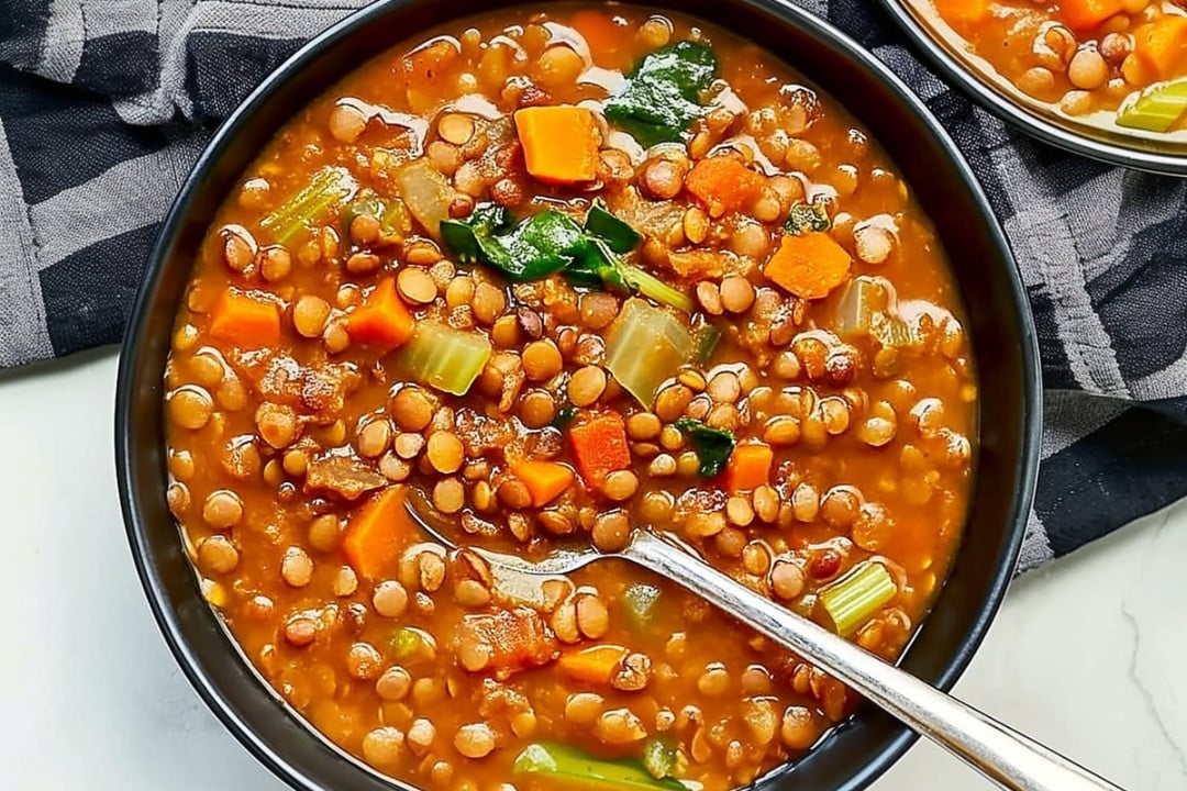 A bowl of easy lentil soup filled with carrots, celery, lentils, and greens, with a spoon gently resting in the bowl. The vegetarian soup recipe boasts a rich, broth-like appearance and is served elegantly on a striped cloth.