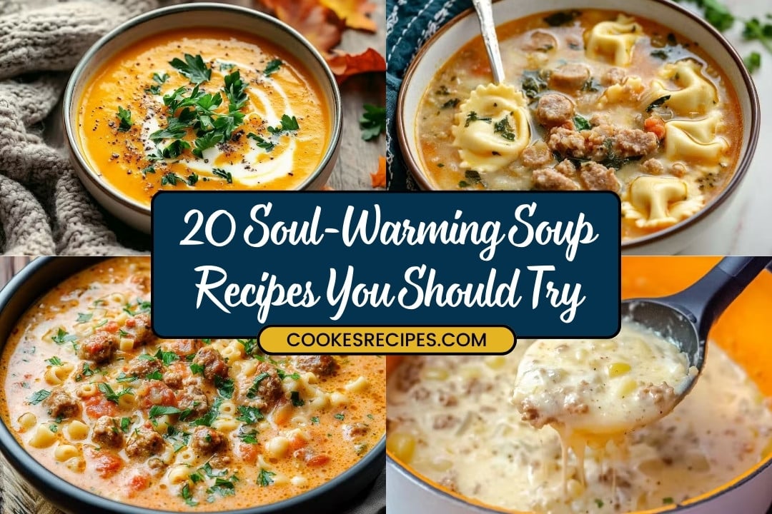 A collage of four soup dishes with herbs and pasta features central text, 20 Best Soup Recipes You Should Try. Below, the website URL, COOKESRECIPES.COM, is displayed.