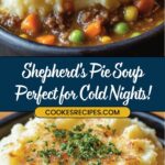 A bowl of shepherds pie soup topped with mashed potatoes and sprinkled with herbs. This delicious shepherds pie soup recipe contains ground meat, peas, carrots, and corn. Text on the image reads, Shepherds Pie Soup Perfect for Cold Nights! jessicasrecipes.com.