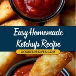 A close-up of thick, crispy fries being dipped into a rich, red ketchup sauce in a black bowl. The text reads Easy Homemade Ketchup Recipe with the website jessicasrecipes.com below.