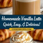 A vanilla latte with vanilla syrup topped with whipped cream and brown sugar crystals in a clear mug. Background features a croissant. The text reads: Easy Homemade Vanilla Latte Recipe Quick, Easy, & Delicious! and cookiesrecipes.com.