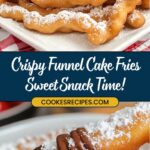 A plate of crispy funnel cake fries dusted with powdered sugar is shown. One fry is being dipped into chocolate sauce. The text reads, Crispy Funnel Cake Fries Sweet Snack Time! and the website jessicasrecipes.com offers a mouth-watering Crispy Funnel Cake Sticks recipe.