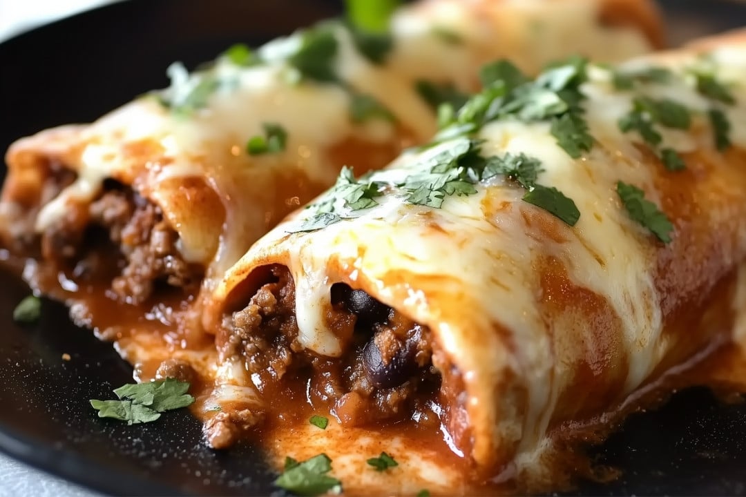 Close-up of two Beef & Bean Enchiladas on a black plate, filled with meat and topped with melted cheese and chopped cilantro. The tortillas are covered in a rich, savory sauce, making this an easy enchiladas recipe to savor.