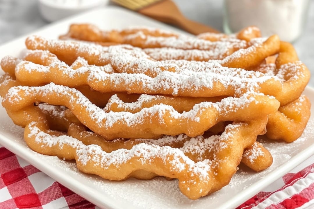 A plate of funnel cake fries dusted with powdered sugar sits on a red and white checkered tablecloth. The golden-brown treats are curled and crispy, with a jar of sugar and a wooden brush visible in the background.