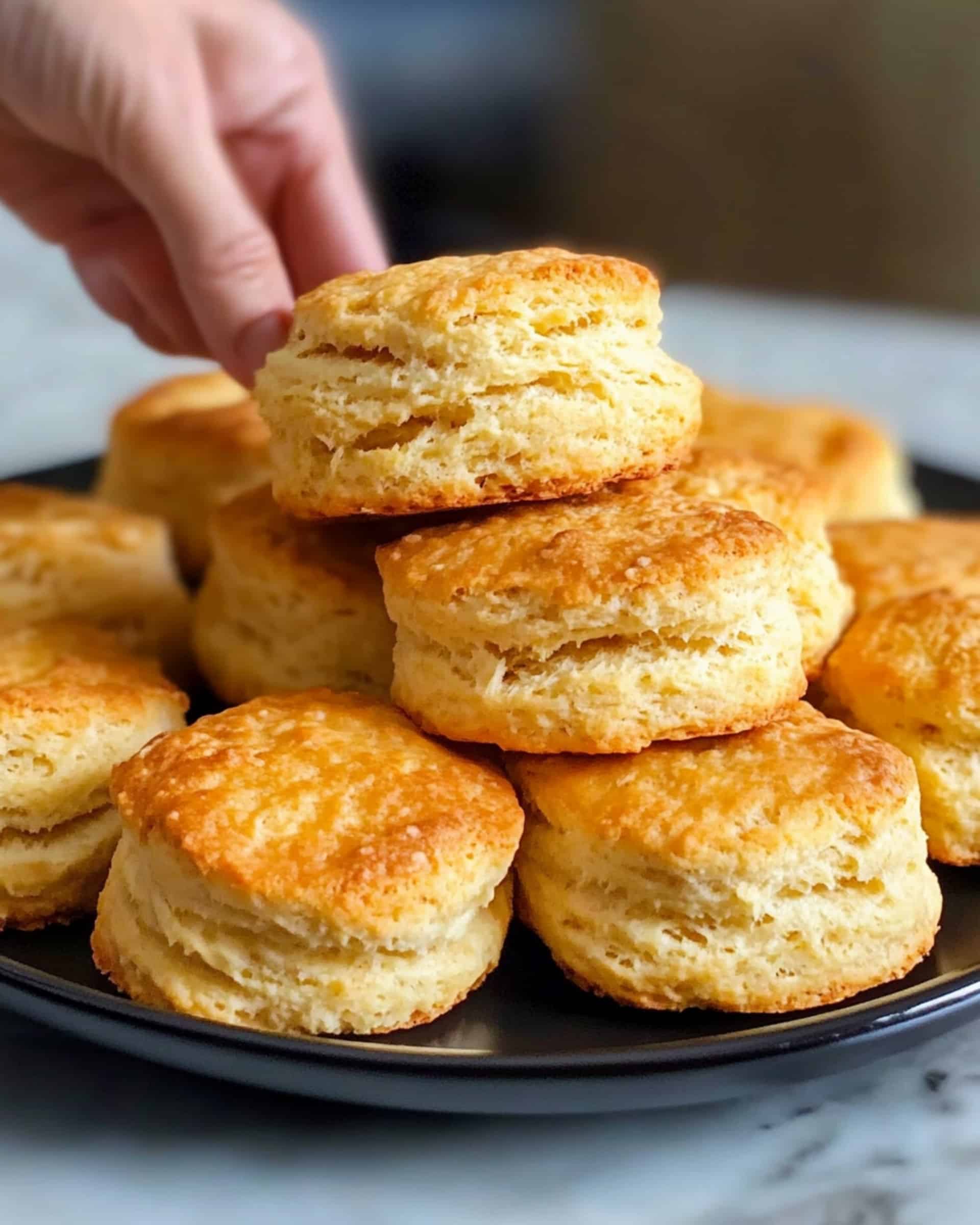 A stack of golden-brown biscuits piled high on a black plate. The biscuits have a slightly rough and uneven texture with visible flaky layers. They are stacked haphazardly, with some leaning against each other. The plate is sitting on a white and blue striped napkin.