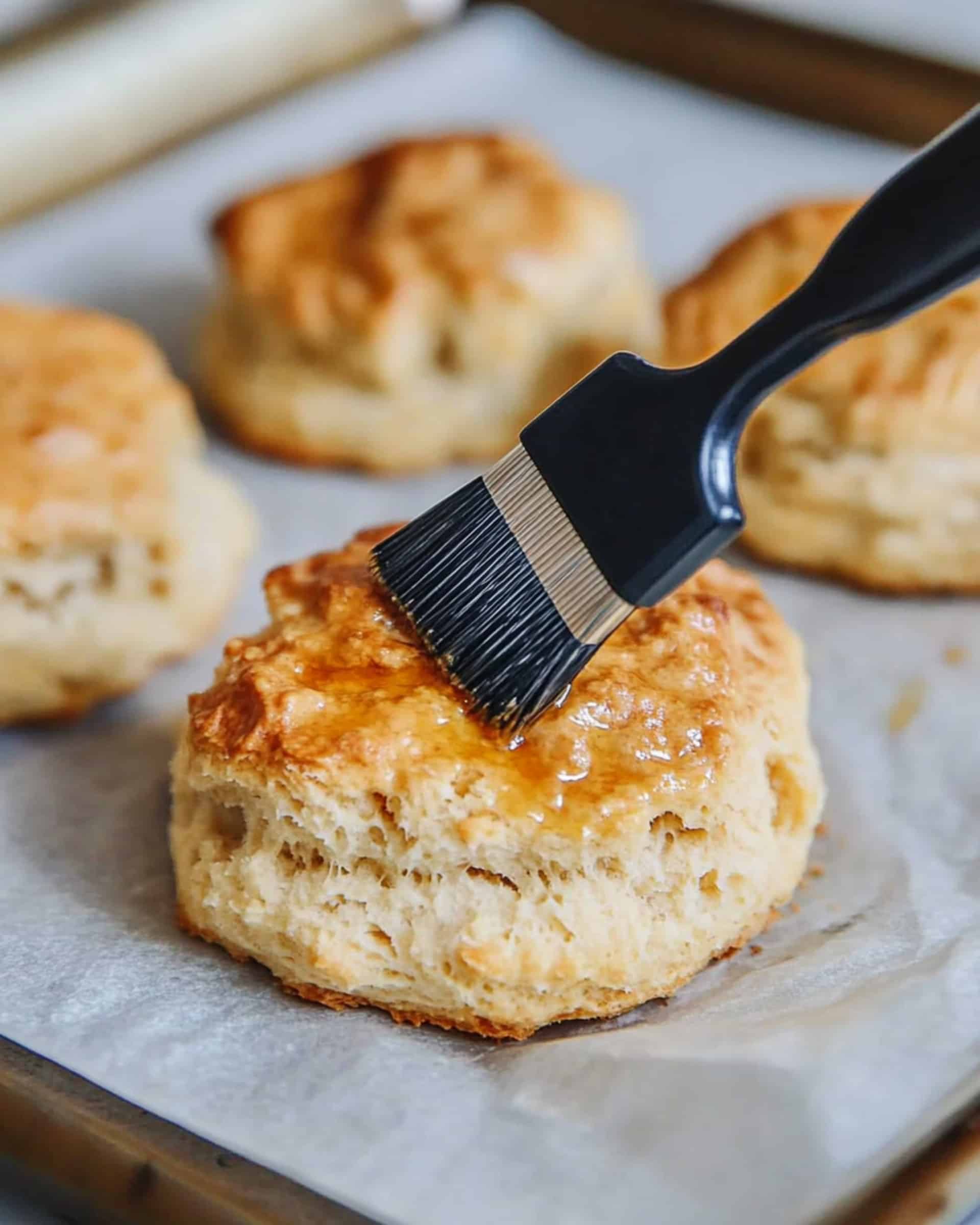 Four golden-brown biscuits fresh from the oven, resting on a baking sheet lined with parchment paper. A black-handled pastry brush with black bristles is applying a oil to the top of one biscuit. The biscuits have a slightly rough and uneven texture with visible layers and a craggy top.