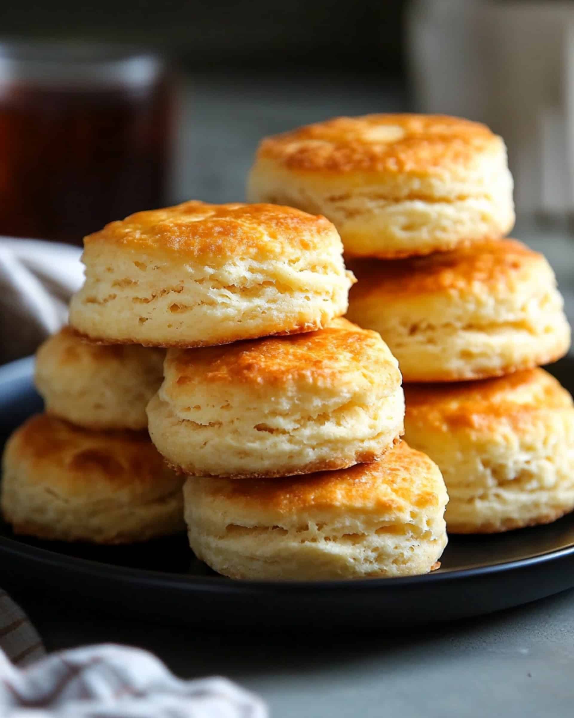 rounded golden-brown homemade biscuits served on a black plate, One biscuit in front of the stack has been broken in half, revealing a soft, fluffy interior with visible layers .