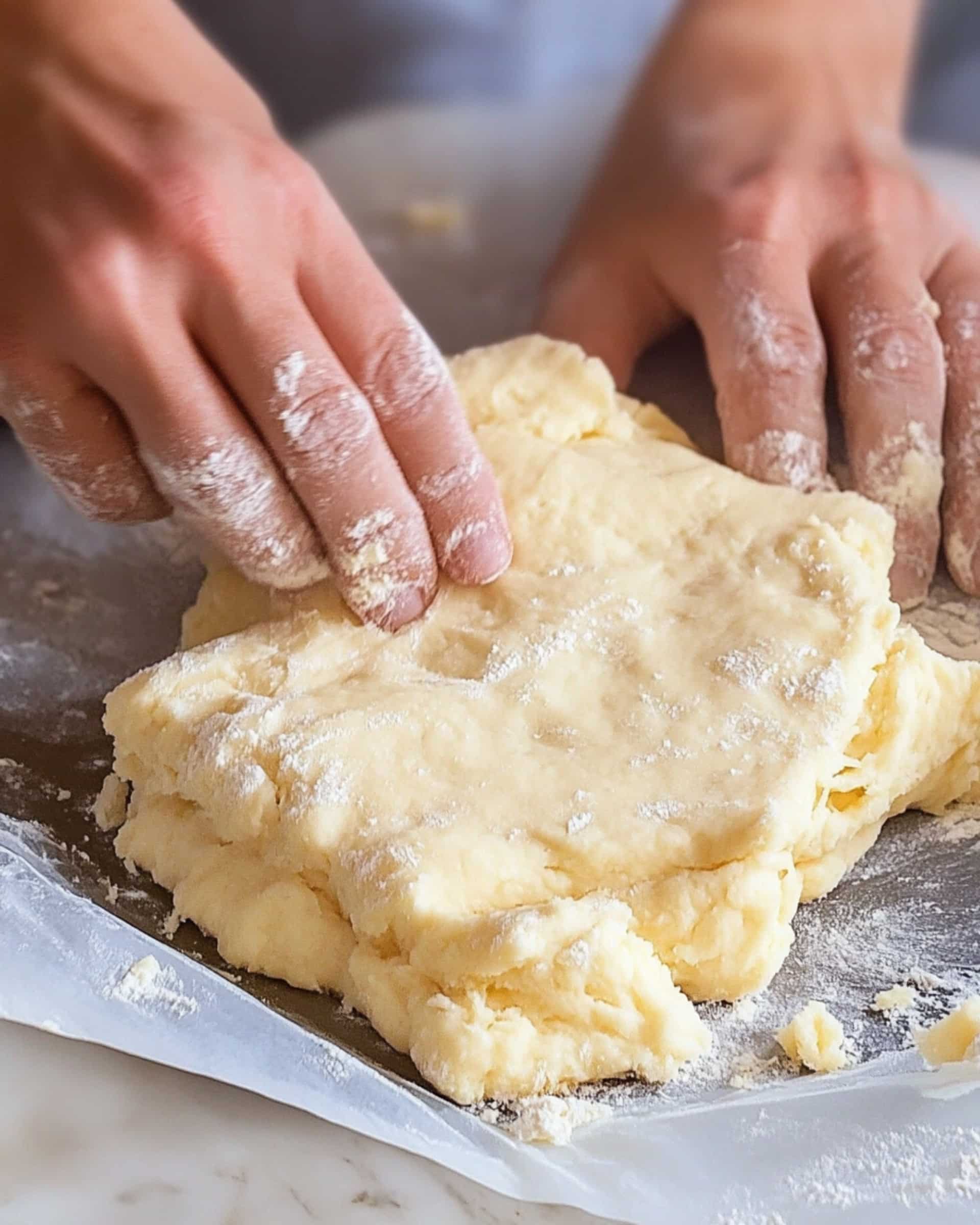 hands are folding a sheet of pale yellow biscuit dough in half on a lightly floured surface. The dough appears soft and pliable with a slightly rough texture. The hands are lightly dusted with flour, and the fingers are gently pressing the dough together.