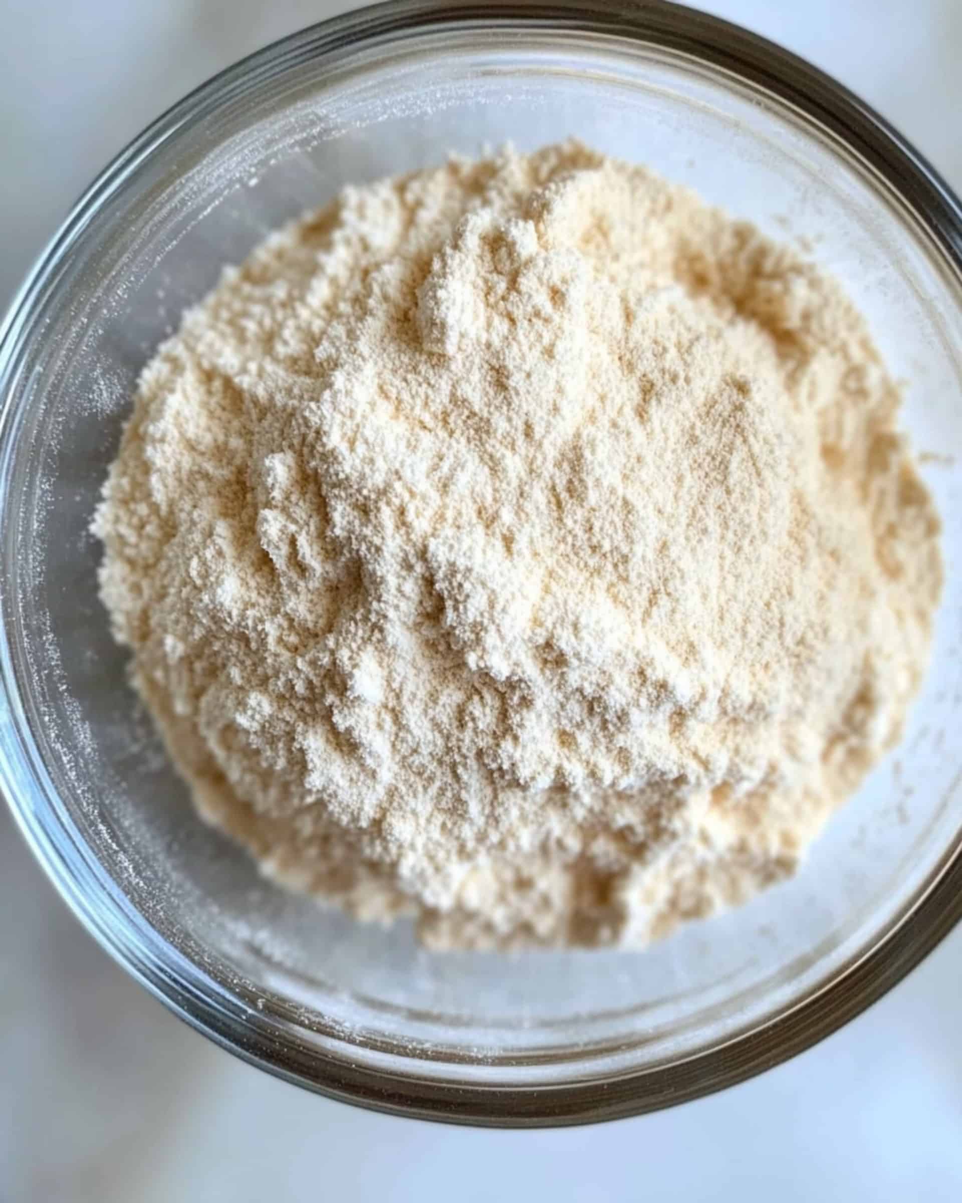 A top-down view of a clear glass bowl filled with flour. The flour has a slightly coarse texture and a pale yellow color.