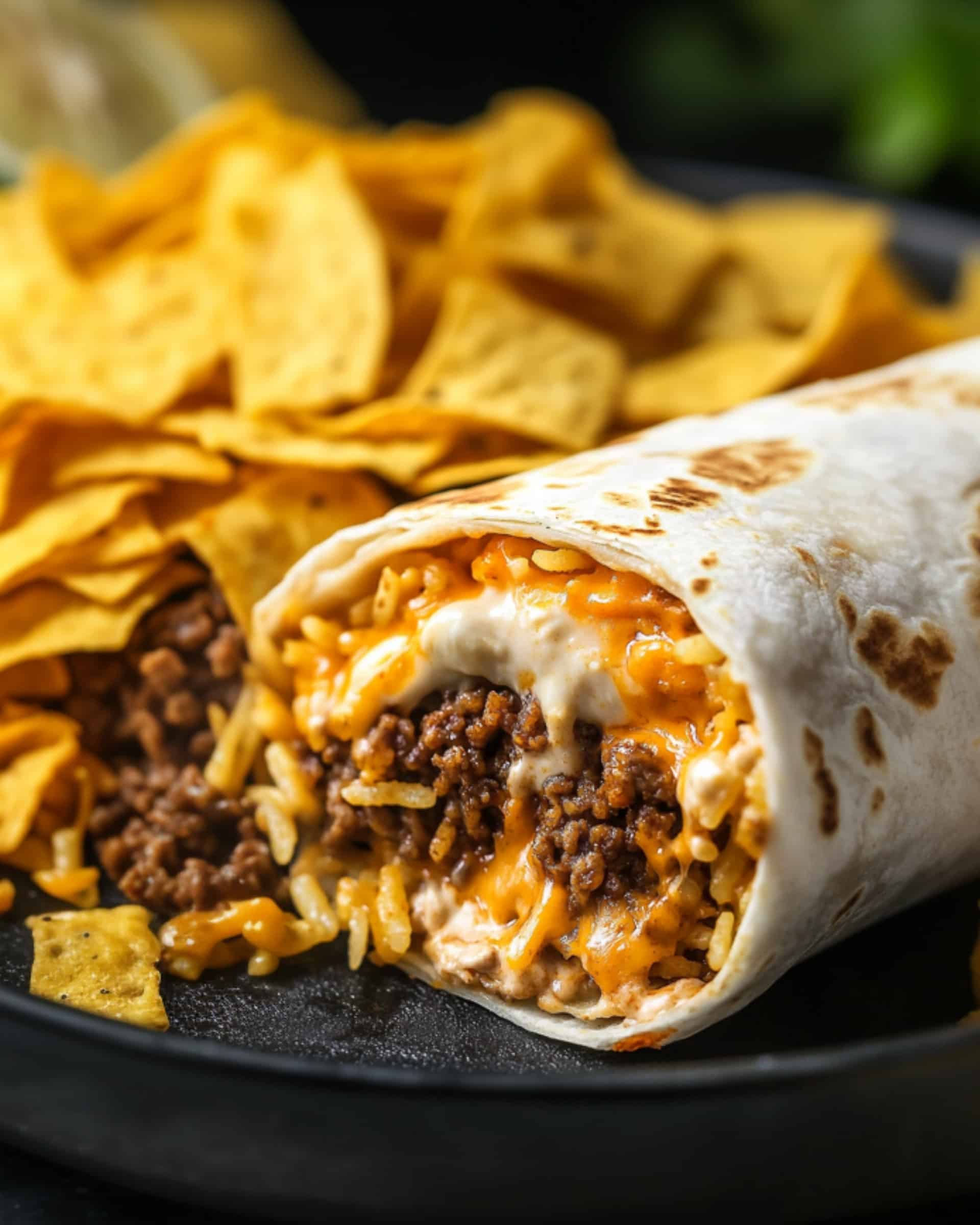 close-up shot of a single burrito positioned diagonally on a round, beige plate. The burrito is lying on its side, with a bite taken out of the front end, revealing the fillings inside: seasoned ground beef with a slightly crumbly texture and reddish-brown color, fluffy long-grain white rice, melted cheddar cheese with a slightly gooey texture and vibrant orange hue, crunchy, jagged tortilla chips in a vibrant, almost neon orange color, and a dollop of thick, white sour cream at the top. The tortilla wrap is a light golden brown color with a slightly textured surface. A single, bright orange tortilla chip rests on the plate below the burrito, slightly separated from it. The background is a blend of white and gray with a slightly blurred texture.