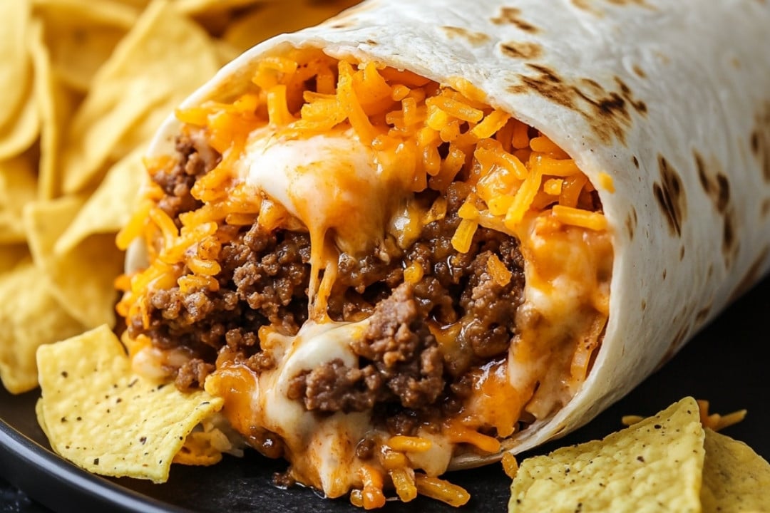 A close-up of an easy burrito recipe filled with melted cheese and seasoned ground beef, with tortilla chips on the side. The burritos tortilla is slightly toasted, highlighting the gooey texture of the cheese and beef mixture.