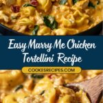 A creamy chicken tortellini dish with spinach and sun-dried tomatoes in a Marry Me sauce, served in a black skillet. A wooden spoon holds a portion of the pasta. The text reads Easy Marry Me Chicken Tortellini Recipe with a website link below.