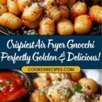 Plate of crispy air-fried gnocchi garnished with parsley and grated cheese, accompanied by a bowl of marinara sauce. Text reads: Crispiest Air Fryer Gnocchi Recipe—Perfectly Golden & Delicious! An easy air fryer gnocchi delight!.