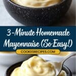 A spoonful of creamy homemade mayonnaise in a speckled black bowl is shown. The text reads 3-Minute Homemade Mayonnaise (So Easy!) and jessicasrecipes.com. Learn how to make easy homemade mayonnaise using an immersion blender and avocado oil, and youll have delicious mayo in no time!.