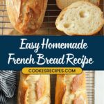 Two loaves of French bread rest on a cooling rack, one sliced to reveal its soft interior. Text on the image reads: Easy Homemade French Bread Recipe and COOKESRECIPES.COM, adorned with a decorative ribbon banner design. Perfect your homemade bread recipe today!.