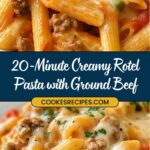 A close-up of creamy ground beef pasta with penne and melted cheese, garnished with parsley. The text reads, 20-Minute Easy Rotel Pasta Recipe and COOKESRECIPES.COM.