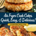 A stack of three golden-brown crab cakes topped with a dollop of sauce and parsley. Below are more crab cakes on a plate with lemon wedges. Text reads: Easy Crab Cakes Quick, Easy, & Delicious! and jessicasrecipes.com. An irresistible appetizer recipe that’s perfect for any occasion!.