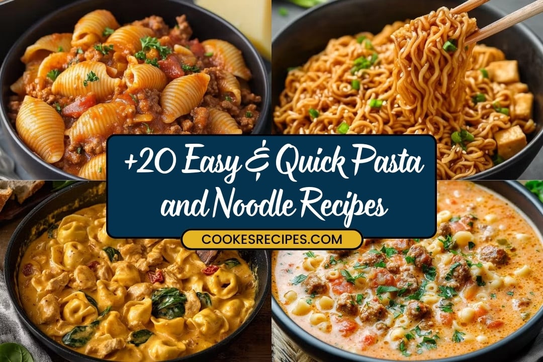 A collage showcases four pasta and noodle delights: shells with tomato sauce, ramen with chopsticks, creamy pasta with spinach, and a noodle soup. In the center, it reads +20 Easy & Quick Pasta and Noodle Recipes from jessicasrecipes.com.