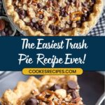 A pie topped with chocolate chips, pretzels, pecans, and crumbly bits. Below, a slice reveals a gooey filling loaded with the same toppings. Text between the images reads, The Easiest Chocolate Chip Pecan Pie Recipe Ever! jessicasrecipes.com.