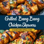 Close-up of grilled Bang Bang chicken skewers, garnished with fresh cilantro, showcasing an easy chicken recipe. The skewers are charred and glazed with a creamy, spicy sauce. Text reads: Grilled Bang Bang Chicken Skewers and COOKESRECIPES.COM.