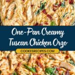 A skillet filled with a delectable creamy Tuscan chicken orzo recipe, featuring slices of chicken, sun-dried tomatoes, spinach, and a luscious sauce. The text overlay reads One-Pan Creamy Tuscan Chicken Orzo with the website URL at the bottom.