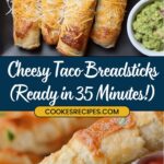 Four cheesy breadsticks topped with grated cheese are arranged on a black plate next to small bowls of salsa and guacamole. The text reads Cheesy Taco Breadsticks (Ready in 35 Minutes!) from COOKESRECIPES.COM. An easy appetizer recipe, perfect for any occasion. A hand dips a breadstick in guacamole.