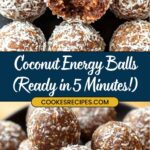 A close-up of coconut energy balls, with one partially eaten to reveal a moist interior. Text reads Coconut Energy Balls (Ready in 5 Minutes!) plus jessicasrecipes.com in a decorative banner, featuring this healthy snack recipe thats perfect for quick bites.