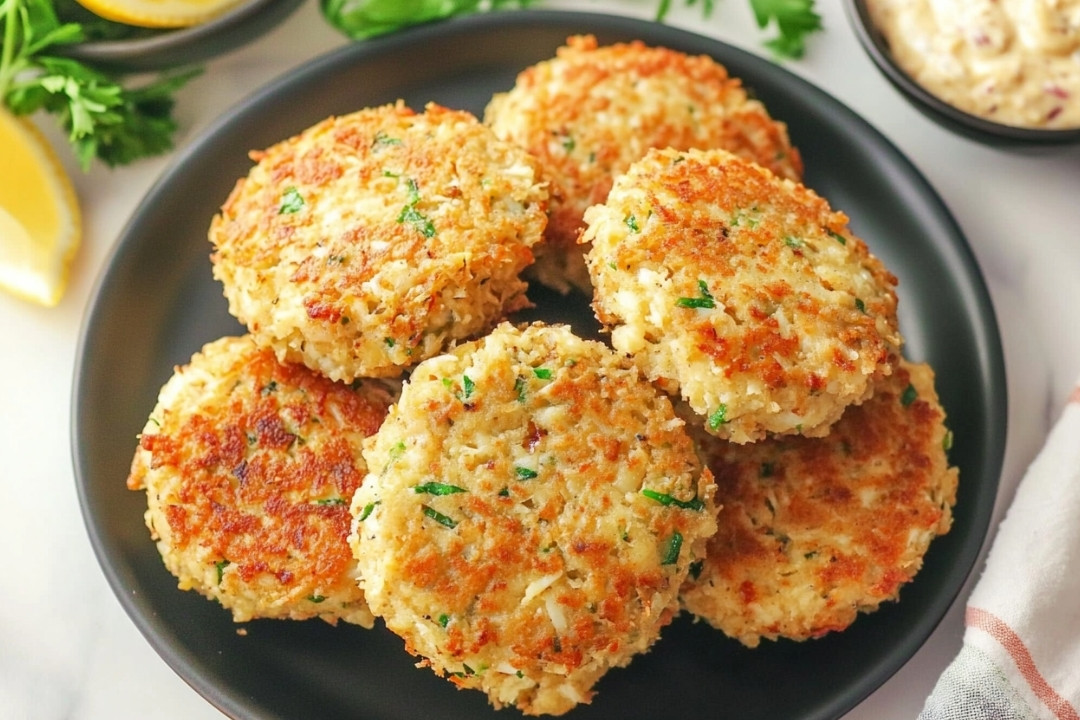 A black plate with six golden-brown crab cakes garnished with herbs. A lemon wedge, fresh parsley, and a small bowl of dipping sauce are visible in the background—perfect for those looking to try an air fryer crab cakes recipe.