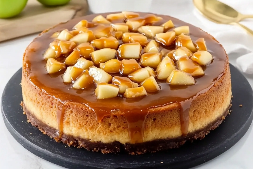 A caramel apple cheesecake sits on a black serving plate, topped with succulent caramel-coated apple chunks. The golden-brown glaze drips enticingly down the sides, exuding an irresistible charm. A spoon rests in the background, tempting you to dig into this easy cheesecake delight.