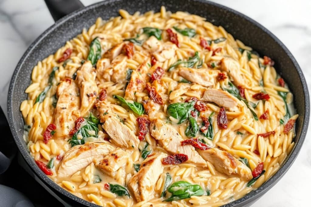 A skillet filled with creamy Tuscan chicken orzo, featuring slices of grilled chicken, sun-dried tomatoes, and fresh spinach. This easy pasta recipe is garnished with black pepper, making it warm and appetizing.