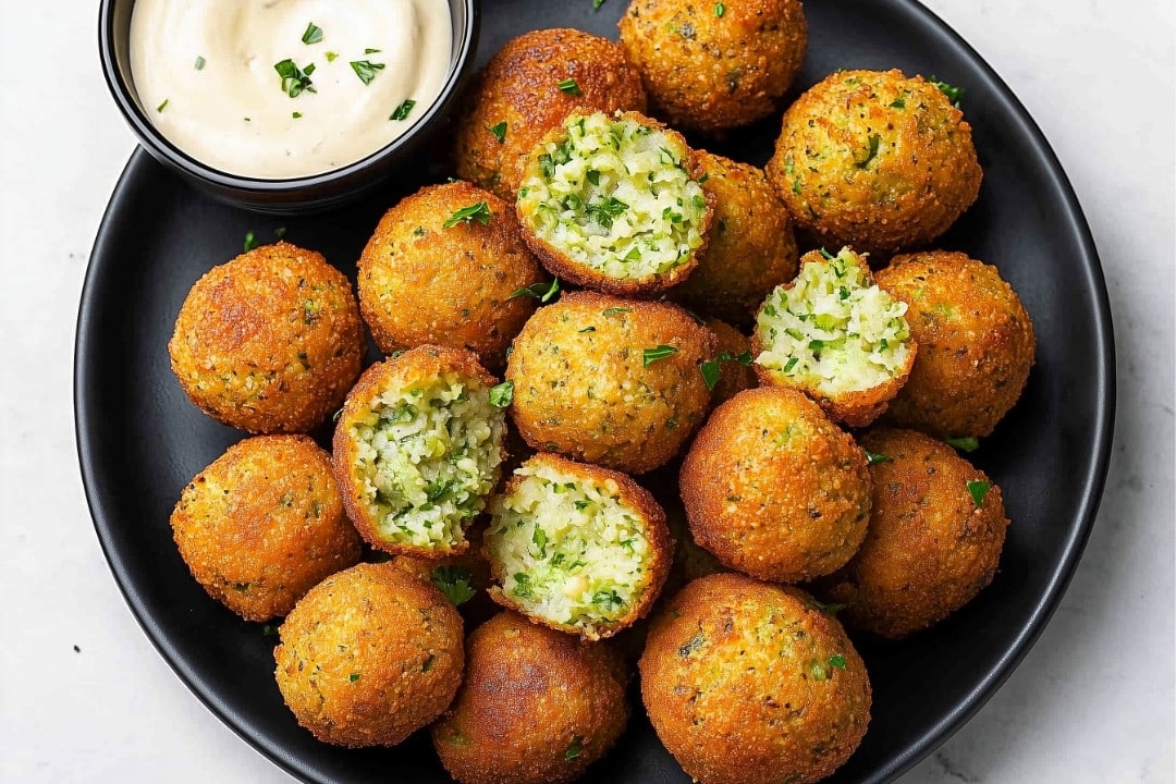 A black plate showcases a homemade falafel recipe with crispy golden-brown balls, some halved to reveal a green herb filling. Accompanied by a small dish of creamy white dipping sauce garnished with herbs, this presentation is both appetizing and inviting.