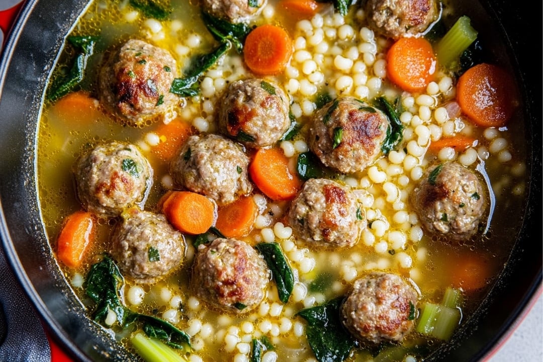 A close-up of classic Italian wedding soup featuring meatballs, pearl couscous, sliced carrots, and leafy greens in a broth. The dish is in a black pot, showcasing the mixture of ingredients floating in the liquid.