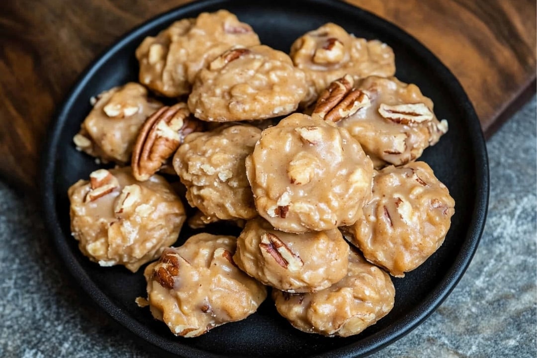 A black plate holds a stack of no-bake pecan coconut praline cookies, showcasing their light brown color and nutty texture with visible pecans. Nestled on a dark wooden board, the rustic presentation invites delight with this cozy cookie recipe.