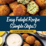 A plate of golden-brown vegan falafel balls garnished with herbs. Some are split open, revealing a green, spiced interior. A small bowl of dipping sauce sits beside this homemade falafel delight. Text reads, Easy Falafel Recipe (Simple Steps!) jessicasrecipes.com.