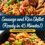 A close-up of a savory Sausage and Rice Skillet dish showcases slices of sausage, rice, and chopped green onions. The text enticingly reads, Sausage and Rice Skillet (Ready in 45 Minutes!) with jessicasrecipes.com neatly displayed.