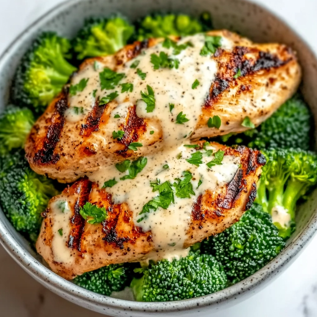Grilled Chicken & Broccoli Bowls with Creamy Garlic Sauce Recipe - Recipe Image