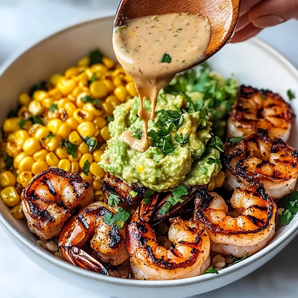 Grilled Shrimp Bowl with Avocado, Corn Salsa & Creamy Sauce Recipe - Recipe Image