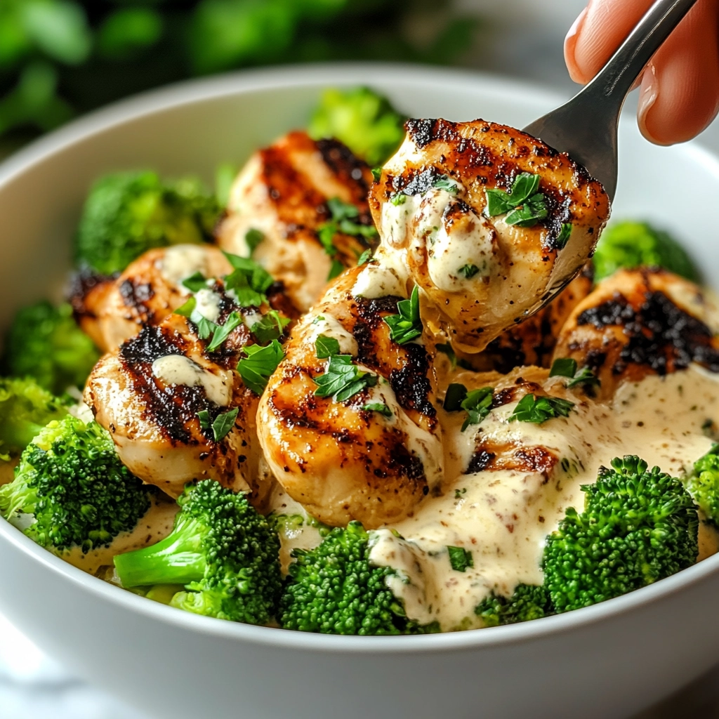 Grilled Chicken & Broccoli Bowls with Creamy Garlic Sauce Recipe - Recipe Image