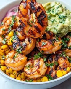 Grilled Shrimp Bowl with Avocado, Corn Salsa & Creamy Sauce Recipe