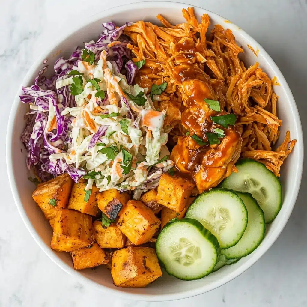 BBQ Chicken Bowls with Sweet Potatoes, Coleslaw, and Pickles Recipe - Recipe Image