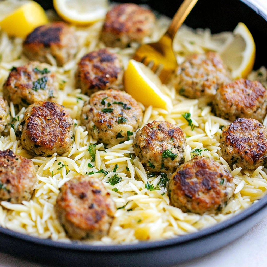 Easy Greek Chicken Meatballs with Lemon Orzo Recipe - Recipe Image