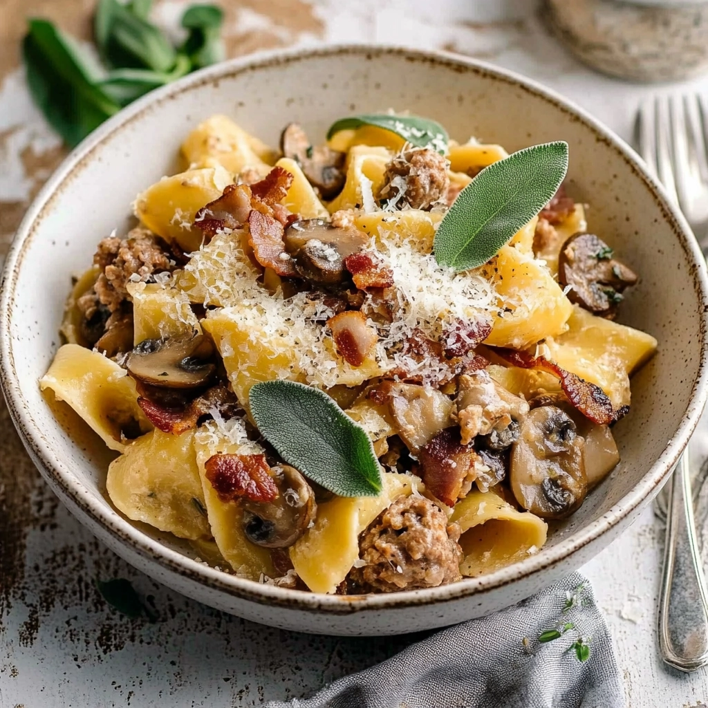 Winter Pasta with Mushrooms, Sausage Meatballs, Walnuts & Crispy Sage Recipe - Recipe Image